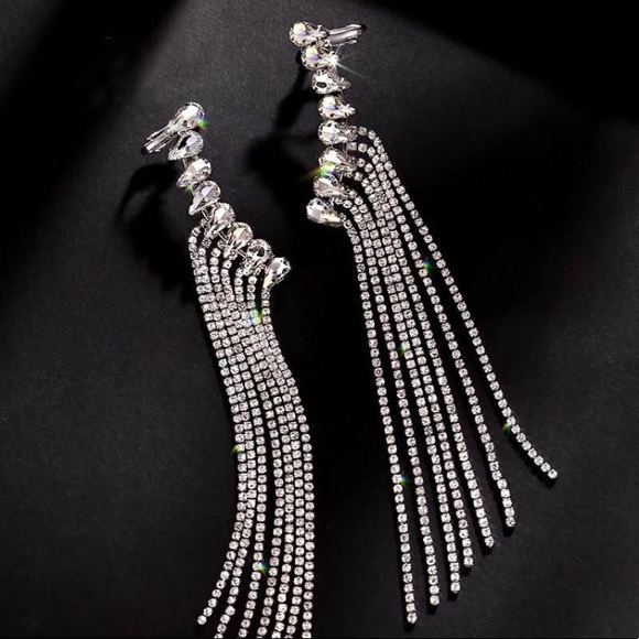 Long tassels rhinestone drop earrings - Picture 4 of 5